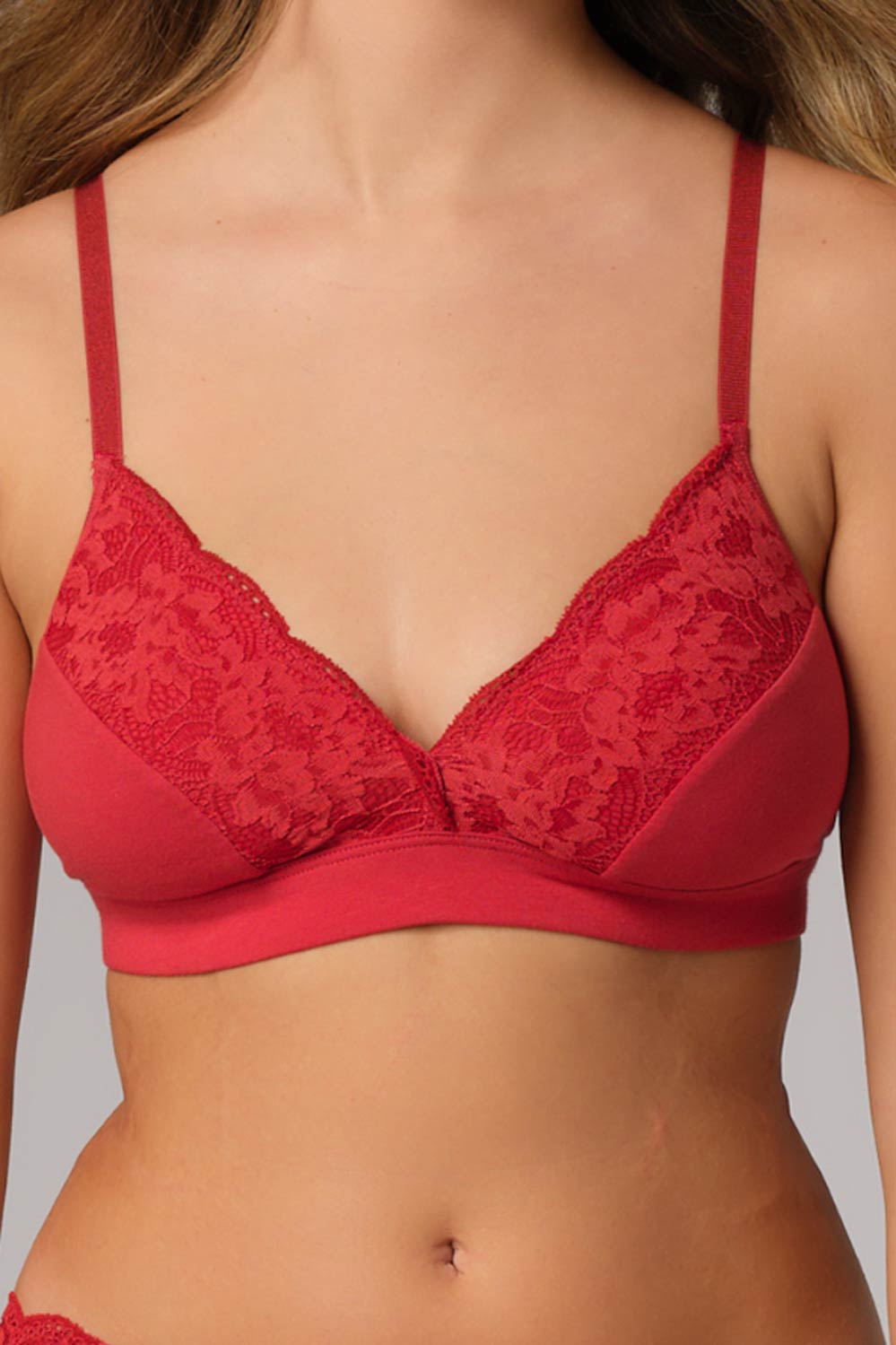 Soft-bra met kant cranberry rood