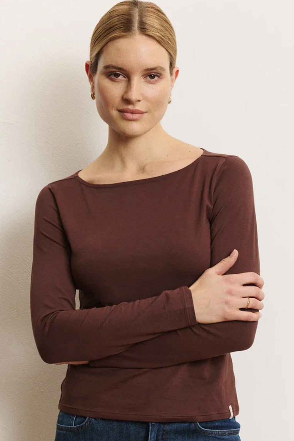 Shirt met lange mouwen boothals bruin - Afbeelding 2