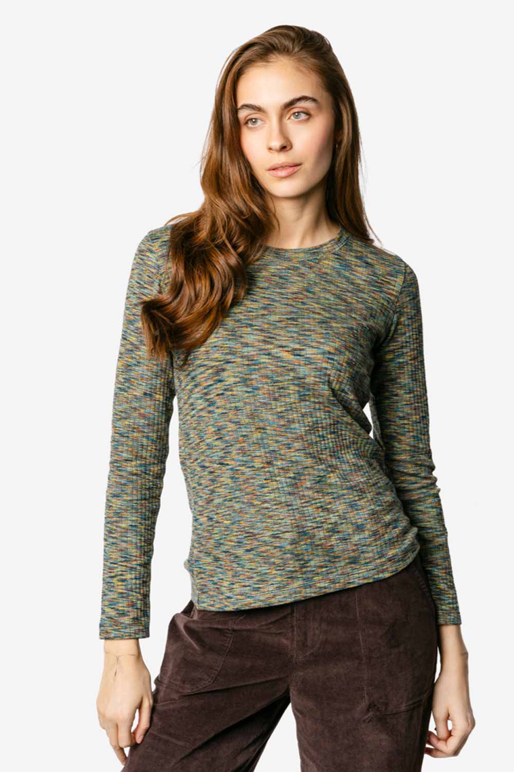 Blauwgemeleerd ribshirt lange mouwen