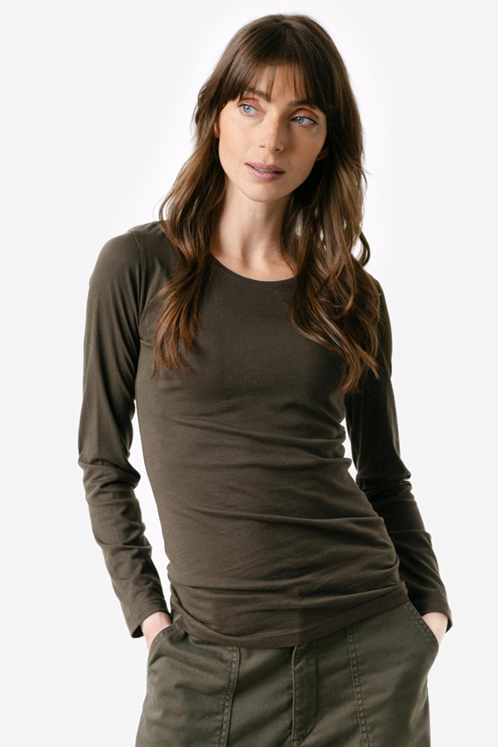 Basic shirt lange mouw bruingroen